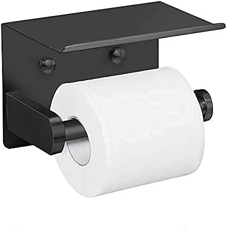 VAEHOLD Self Adhesive Toilet Paper Holder with Phone Shelf Stainless Steel Wall Mounted Toilet Paper Roll Holder - Rustproof and Bathroom Washroom Tissue Roll Holder with Shelf - Black