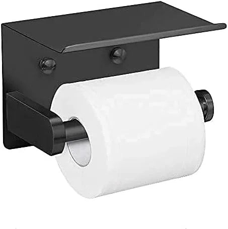 VAEHOLD Self Adhesive Toilet Paper Holder with Phone Shelf Stainless Steel Wall Mounted Toilet Paper Roll Holder - Rustproof and Bathroom Washroom Tissue Roll Holder with Shelf - Black - ModernBath