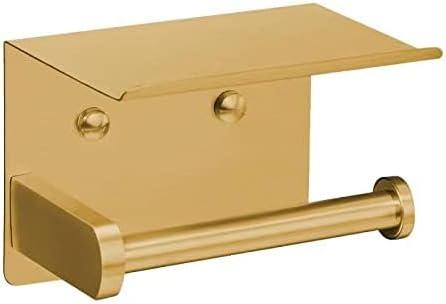 VAEHOLD Self Adhesive Toilet Paper Holder with Phone Shelf Stainless Steel Wall Mounted Toilet Paper Roll Holder - Rustproof and Bathroom Washroom Tissue Roll Holder with Storage Shelf - Gold - ModernBath