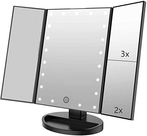 Infitrans Trifold Makeup Mirror Vanity Mirror with Lights,1X 2X 3X Magnification,Touch Control,Adjustable Rotation,Dual Power Supply,Portable Travel Cosmetic Mirror,Birthday Gifts for Women,Teengirls - ModernBath
