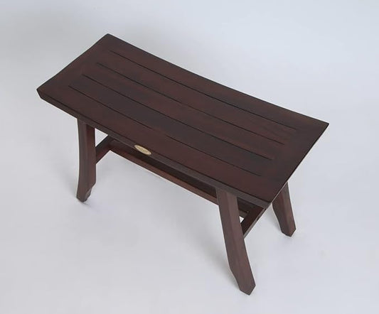 DecoTeak Teak Shower Bench – 28 Inch Waterproof Wooden Seat for Inside Shower Spa-Quality Shower Chair | Curved Seat for Adults | Non-Slip Feet | Large Storage Shelf