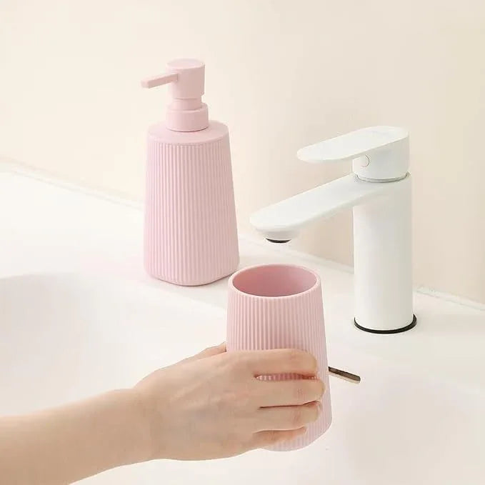 YAUKPH Bathroom Accessories 2 Piece Soap Dispenser and Toothbrush Holder Set Striped Light Pink - ModernBath