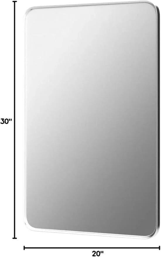 Minuover Wall Mount Mirror for Bathroom, Brushed Silver Metal Framed Rounded Corner Rectangular Vanity Mirror (20" x 30", Silver) - ModernBath