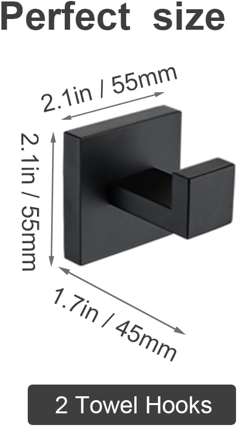 Hiuqixe Matte Black Towel Hooks 2 Pack, SUS304 Stainless Steel Bathroom Robe Hook, Heavy Duty Modern Square Coat Holder, Rustproof, Anti-Rotation Wall Mount for Hand Towels & Bath