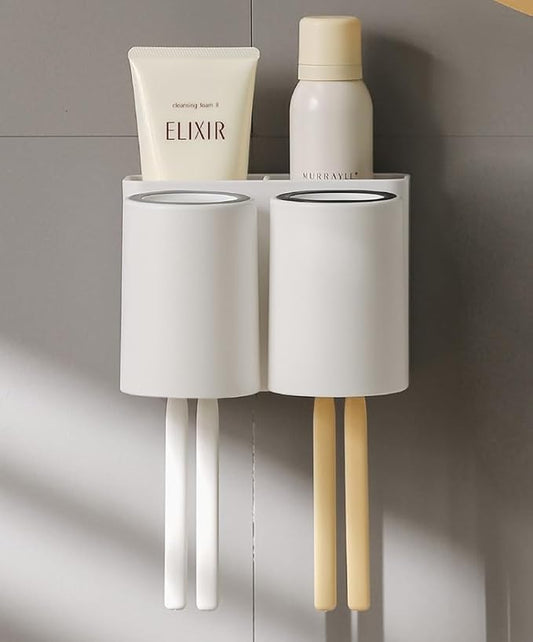FLAUVEL Wall-Mounted Toothbrush and Toothpaste Holder - Self-Draining Design, Easy Installation, Space-Saving, White (Double - Two Normal Cups)