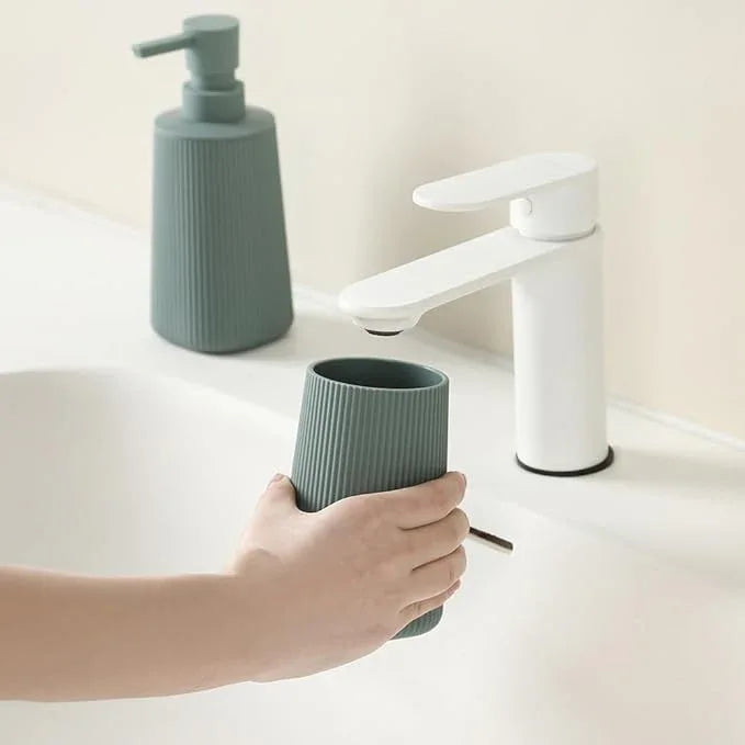YAUKPH Bathroom Accessories 2 Piece Soap Dispenser and Toothbrush Holder Set Striped Sage Green - ModernBath