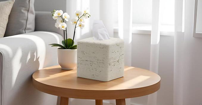 Huitony Travertine Tissue Box Cover Square Decorative Stone Klenex Box Holder for Bathroom & Living Room with Handcrafted Texture (Light Beige) - ModernBath