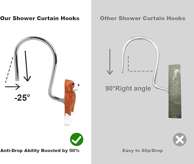 Ruvenis Dog Shower Curtain Hooks Set of 12, Hand-Painted Resin Animal Hooks for Dog Themed Shower Curtain and Bathroom Decor, Rust-Resistant Metal Hooks, Cabin Bathroom Accessories