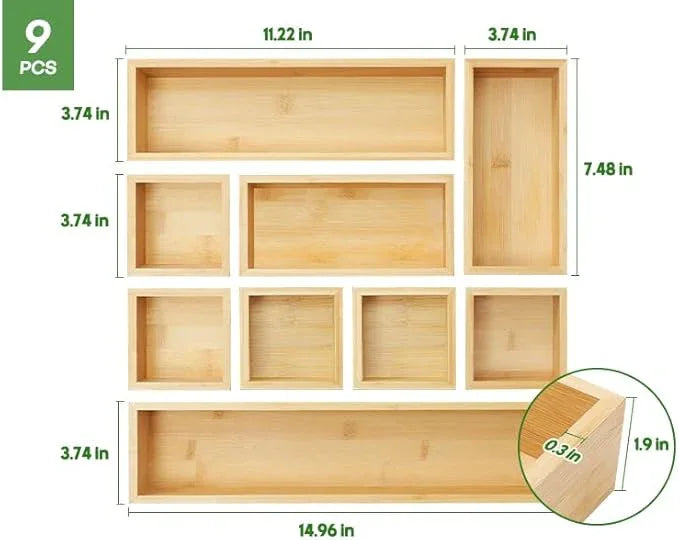 Bamboo Drawer Organizer Set, 9 PCS Multi-Use Individual Wood Storage Organizers, Junk Drawer Divider and Storage Trays Containers for Kitchen, Bathroom, Office Desk, Makeup, Jewelry, Utensils - ModernBath