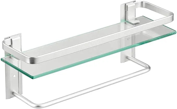 VOLPONE Glass Shelf with Towel Bar 15.7in Silver Bathroom Shelf Wall Mount Rustproof Bathroom Wall Organizer 1 Tier (Silver) - ModernBath