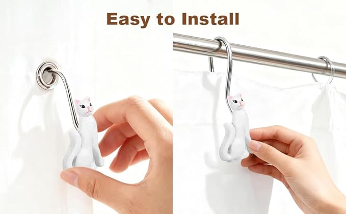 Ruvenis White Cat Shower Curtain Hooks Set of 12, Hand-Painted Resin Cat Shower Hooks with Rust-Resistant Stainless Steel Rings, Elegant Cat Bathroom Decor