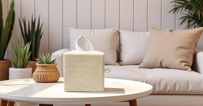 Huitony Marble Tissue Box Cover Square Decorative Stone Klenex Box Holder for Bathroom & Living Room with Handcrafted Texture (Beige Yellow) - ModernBath