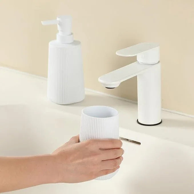 YAUKPH Bathroom Accessories 2 Piece Soap Dispenser and Toothbrush Holder Set Striped White - ModernBath