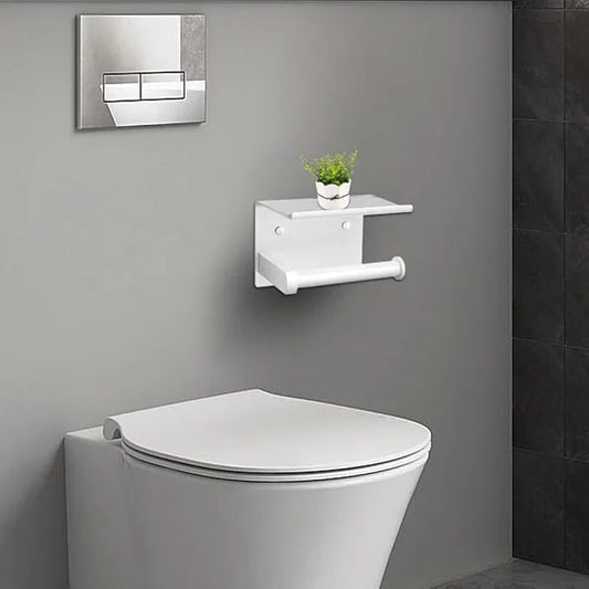 Adhesive Toilet Paper Holder with Phone Shelf Paper Tissue Holder Storage 304 Stainless Steel Wall Mounted Toilet Roll Holder Dispenser,Paper Holder with Shelf Bathroom Organizer White - ModernBath