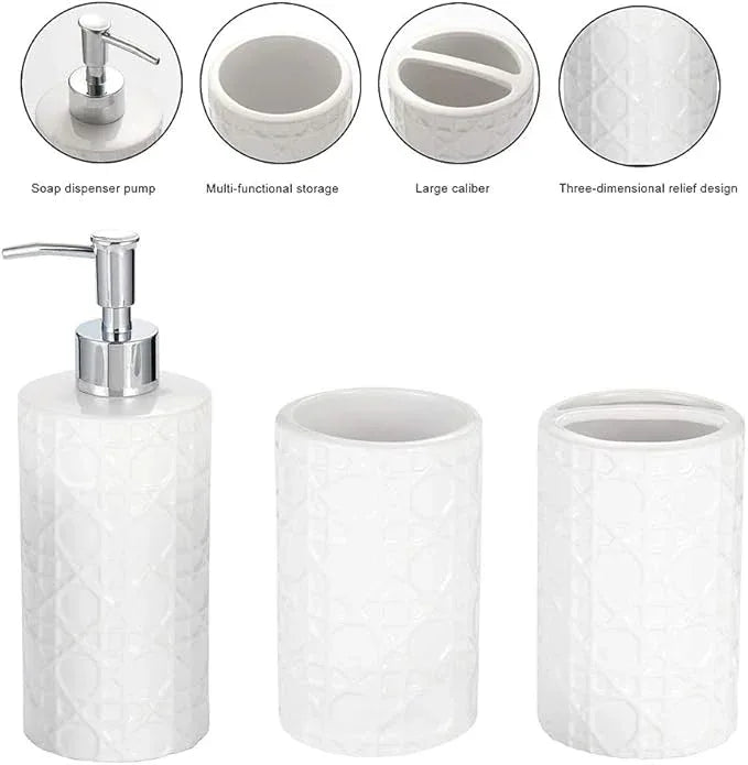 CAA'S Bathroom Accessories Set Ceramic 4 Pieces Bathroom Ensemble for Bath Decor Includes Lotion Dispenser Toothbrush Holder Tumbler Soap Dish (White Netting) - ModernBath