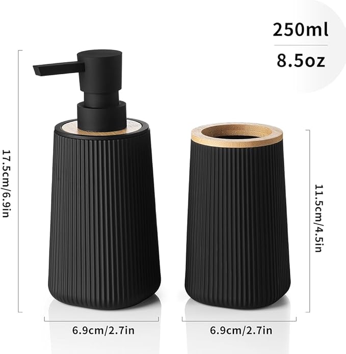 YAUKPH Bathroom Accessories 2 Piece Soap Dispenser and Toothbrush Holder Set Striped with Bamboo Decor Black
