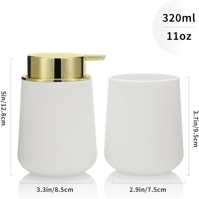 YAUKPH White and Gold Bathroom Accessories 2 Piece Set Luxury Matte Plastic Soap Dispenser and Toothbrush Holder for Modern Bathroom Decor - ModernBath