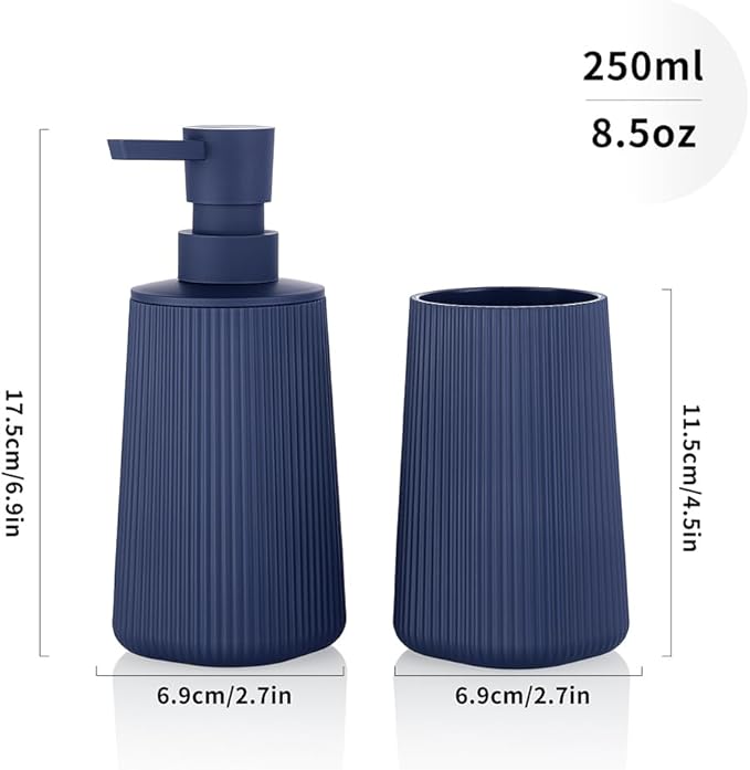 YAUKPH Bathroom Accessories 2 Piece Soap Dispenser and Toothbrush Holder Set Striped Navy Blue
