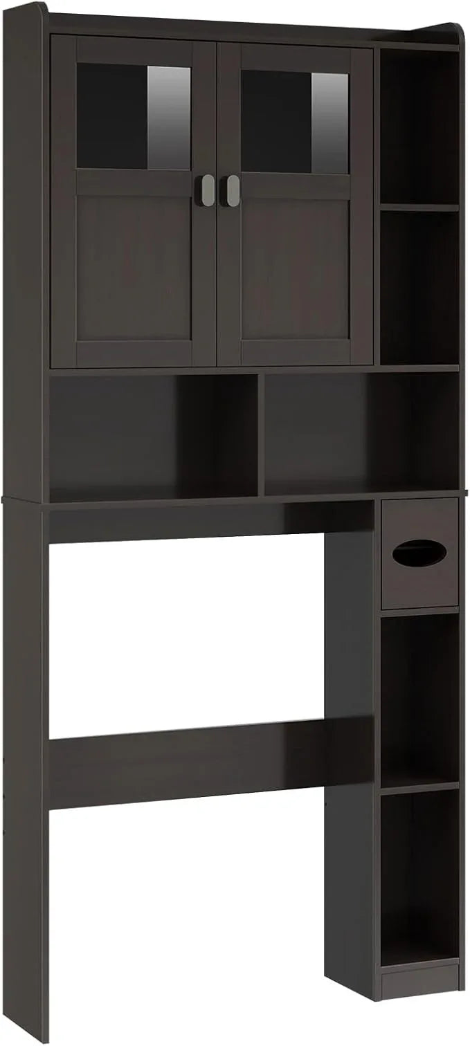 Vabches Over The Toilet Storage Cabinet, Bathroom Shelf Over Toilet with Glass Doors and Adjustable Shelves, Espresso Freestanding Home Space Save Toilet Rack for Restroom, Bathroom, Laundry - ModernBath