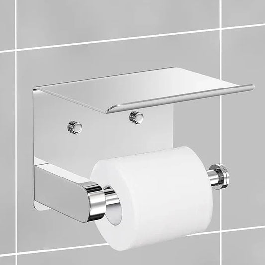 VAEHOLD Self Adhesive Toilet Paper Holder with Phone Shelf Stainless Steel Wall Mounted Toilet Paper Roll Holder - Bathroom Washroom Tissue Roll Holder with Storage Shelf - Bright Surface - ModernBath
