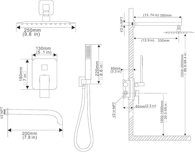 JingGang Matte Black Shower System with Tub Spout Wall Mounted Bathtub Shower Faucet Set for Bathroom with High Pressure 10" Rain Shower head and Handheld Shower Head Kit - ModernBath