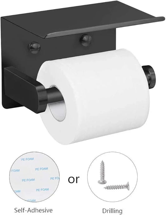 VAEHOLD Self Adhesive Toilet Paper Holder with Phone Shelf Stainless Steel Wall Mounted Toilet Paper Roll Holder - Rustproof and Bathroom Washroom Tissue Roll Holder with Shelf - Black - ModernBath
