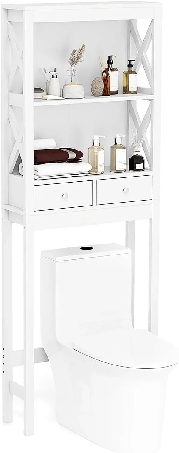 Giantex Over The Toilet Storage Cabinet with 2 Drawers, Over Toilet Bathroom Organizer with 2 Open Shelves, Freestanding Space Saver Above Toilet for Restroom, White - ModernBath