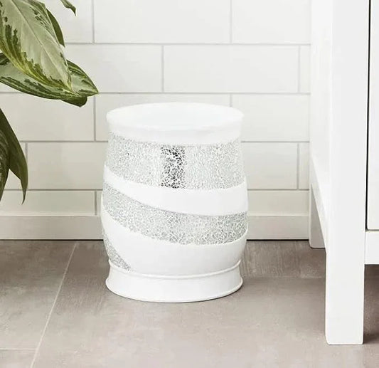 Zahari Home 2pc Sinatra White Modern Bath Accessories Set Waste Basket & Tissue Box Modern Decorative Beautiful Designs Bathroom Decor Set for Home Luxury Bath Set Mosaic Glass - ModernBath