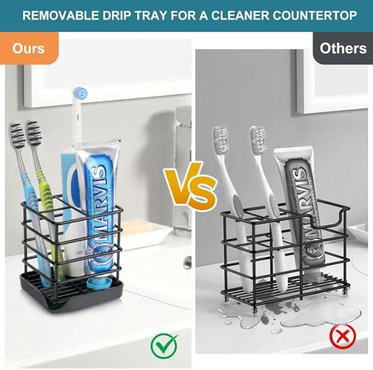 Toothbrush Holders for Bathrooms, Stainless Steel Bathroom Toothbrush Holder Kids Electric Tooth Brushing Holder Stand and Toothpaste Holder for Bathroom Accessories Organizer with Tray, Black (Small) - ModernBath