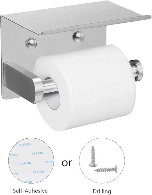 VAEHOLD Self Adhesive Toilet Paper Holder with Phone Shelf Stainless Steel Wall Mounted Toilet Paper Roll Holder - Rustproof and Bathroom Washroom Tissue Roll Holder with Storage Shelf - Silver - ModernBath