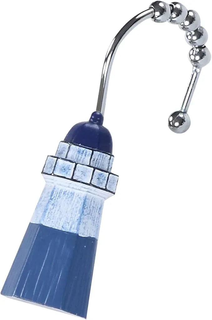 Nautical Lighthouse Shower Curtain Hooks, Rustproof Blue Ocean Bathroom Curtain Hooks, 5 Roller Ring Balls Shower Hooks for Shower Curtain, Stainless Steel Decorative Shower Curtain Hooks, Set of 12 - ModernBath