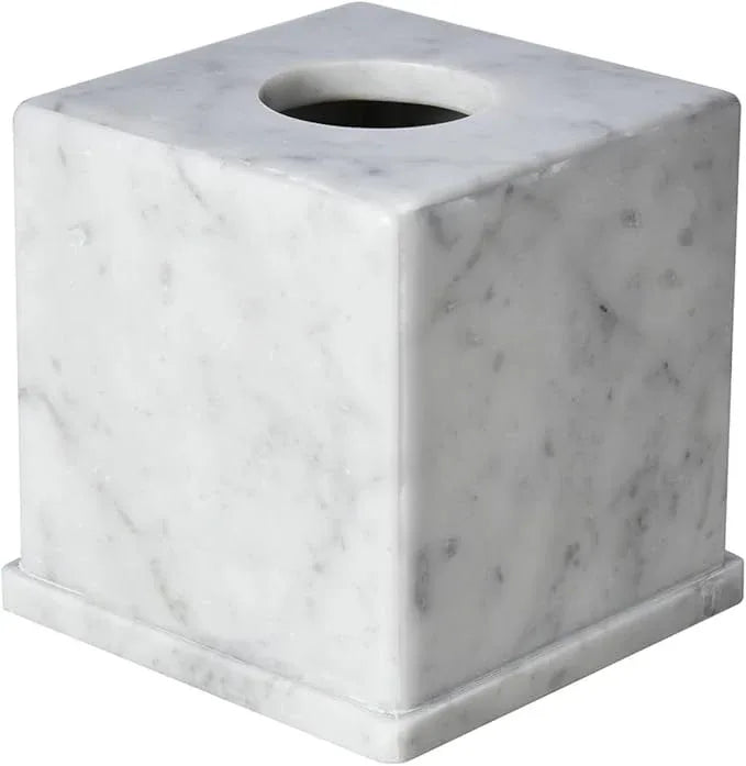 HAMAKAWA Natural Marble Tissue Box Cover, Carrara White Tissue Organizer 6 X 6 X 5.7 Inch, Heavy Stone Decorative Box, Square Tissue Box Holder for Home Decor, Kitchen, Bathroom, Bedroom - ModernBath