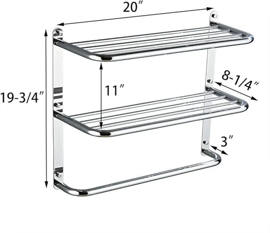 2-Tier Towel Rack Floating Shelf with Towel Bar, 20-Inch W x 8.25-Inch D Bathroom Hotel Towel Shelf, Wall Mount, Mounting Hardware Included,Polished Chrome - ModernBath