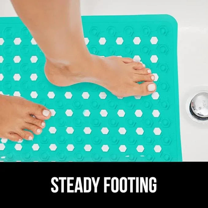 GORILLA GRIP Patented Bath Tub Shower Mat, Machine Washable Bathtub Floor Liner Mats, Suction Cups and Drain Holes to Keep Tubs Clean, Soft on Feet, Bathroom Essentials, 35x16 Inch, Turquoise Opaque - ModernBath
