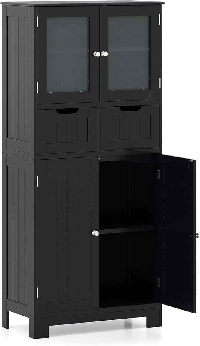Tangkula Bathroom Storage Cabinet, Floor Cabinet w/2 Double Doors Cabinet, 3-Position Adjustable Shelves, Glass Doors Storage Organizer for Bathroom Living Room Kitchen (Cabinets & Drawers, Black)