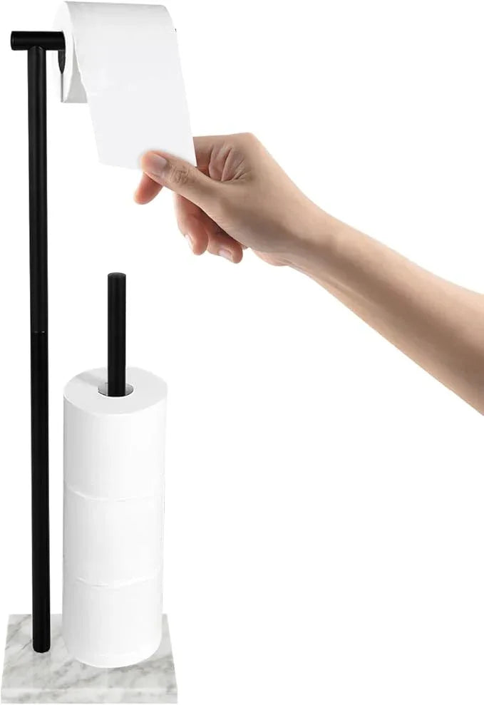 Toilet Paper Holder Stand with Weighted Natural Marble Base, Bathroom Free Standing Toilet Paper Roll Holder with Reserve, Standing Toilet Tissue Holder with Storage (Black, with Storage) - ModernBath