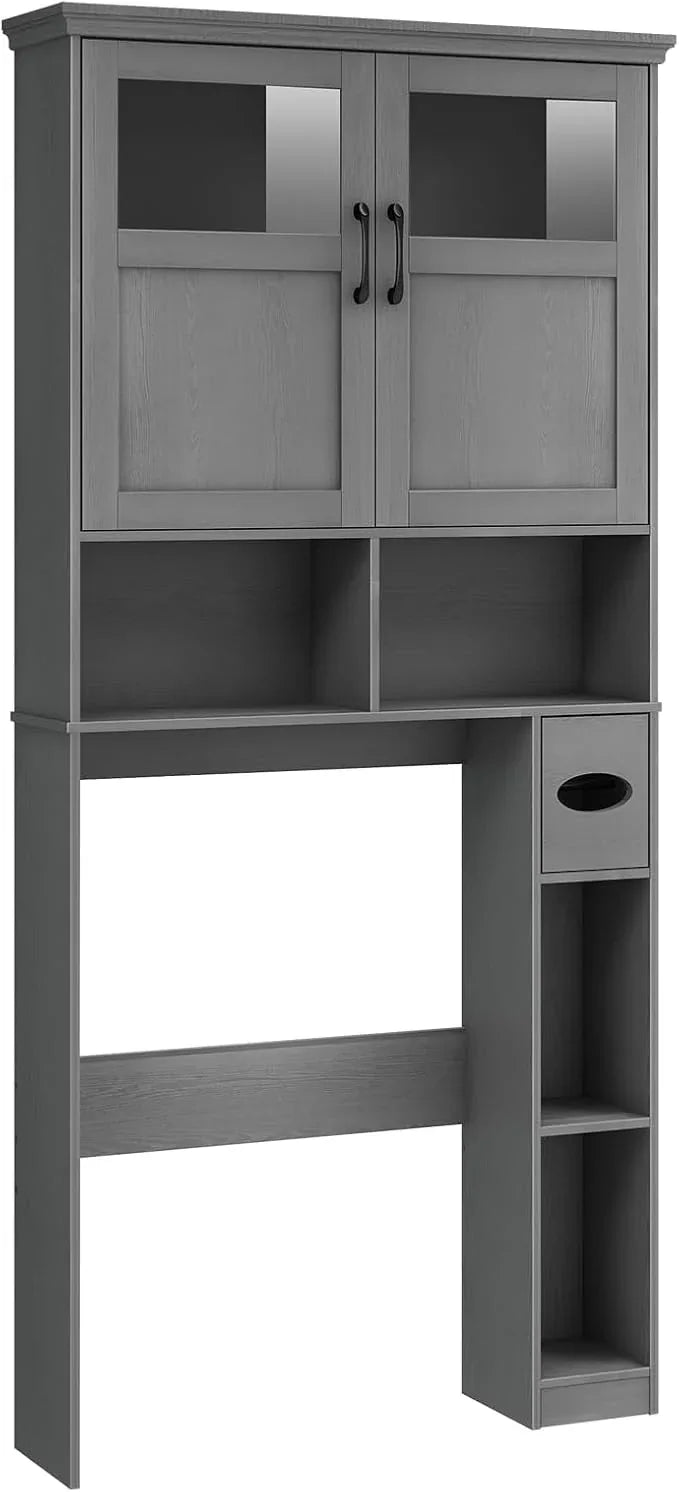 Over The Toilet Storage Cabinet With Double Doors & Paper Holder Stand, Freestanding Shelf Space Saver, Anti-Tip Design & Adjustable Shelf, Natural Grey - ModernBath