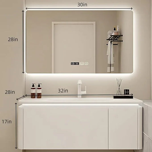 32in Luxury White Bathroom Cabinet - Oversized Drawer & Intelligent Defogging & High-Definition LED Lighting & Suspended Bathroom Cabinet | Bathroom Vanity with Sink - ModernBath
