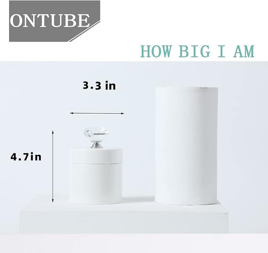 ONTUBE Porcelain Cotton Swabs Holder Organizer with Crystal Lid and Easy to Clean, White (Silver Lid,Set of 1)