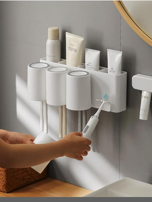 FLAUVEL Wall-Mounted Toothbrush and Toothpaste Holder - Self-Draining Design, Easy Installation, Space-Saving, White (Quadruple - Four Normal Cups)