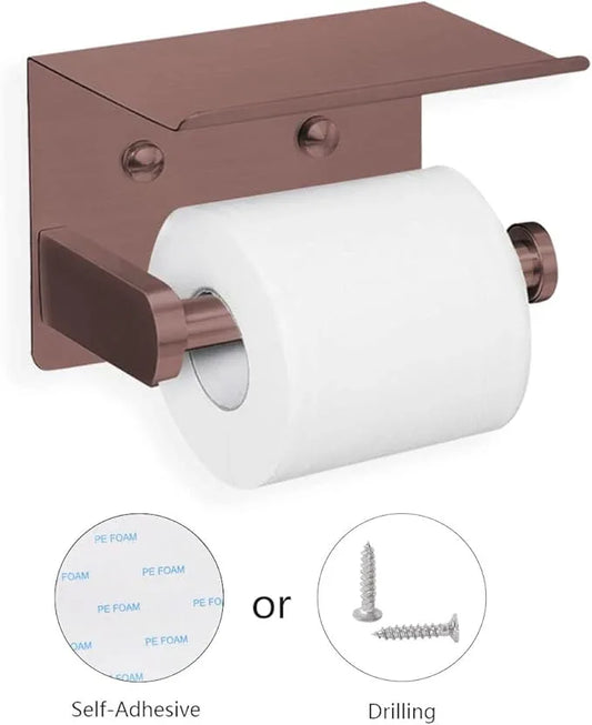 VAEHOLD Self Adhesive Toilet Paper Holder with Phone Shelf Stainless Steel Wall Mounted Toilet Paper Roll Holder - Rustproof and Bathroom Washroom Tissue Roll Holder with Shelf - Red Copper - ModernBath