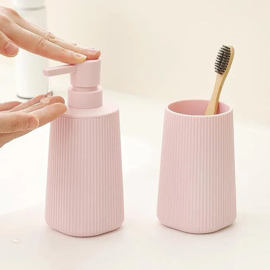 YAUKPH Bathroom Accessories 2 Piece Soap Dispenser and Toothbrush Holder Set Striped Light Pink - ModernBath