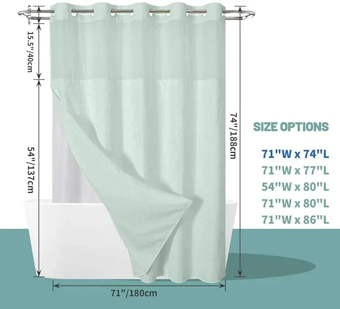 eachope MintGreen No Hook Waffle Weave Shower Curtain with snap-in Liner Replacement, 230GSM Waterproof Fabric Hotel Shower Curtain Set for Bathroom, Through Mesh Top Window,71Wx74H - ModernBath