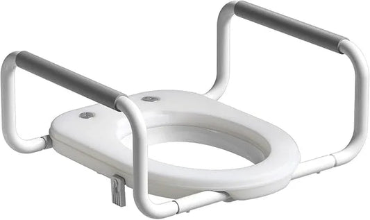 R&T 2" Toilet Seat Riser with Handles – Comfortable Raised Toilet Seat for Seniors, Fits for Elongated Toilets, Elevated Seat with Soft Grey Padded Arms for Bathroom - ModernBath