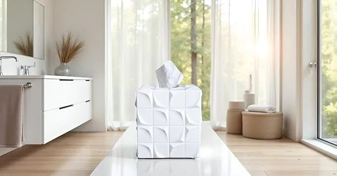 Huitony Square Tissue Box Cover Decorative Kleenex Box Holder for Bathroom & Living Room with Handcrafted Texture (White) - ModernBath