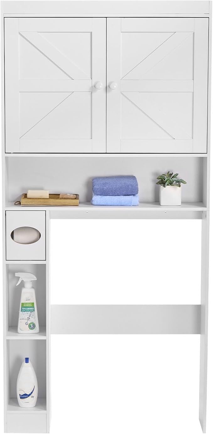 VEVOR Over The Toilet Storage Cabinet, 67.44‘’ Height Bathroom Storage Cabinet Over Toilet with Barn Door and Adjustable Shelf, Bathroom Space-Saving Toilet Rack White Wood with Open Shelf