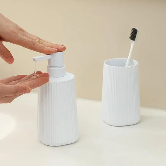YAUKPH Bathroom Accessories 2 Piece Soap Dispenser and Toothbrush Holder Set Striped White - ModernBath