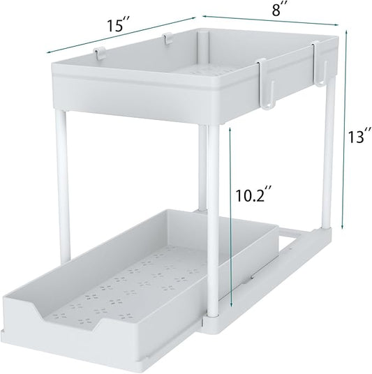 DEKAVA Cabinet, 2 Pack Under Sink Organizer, 2 Tier Sliding Bathroom Kitchen Organizer, Large White ABS Baskets, Easy Install & Clean