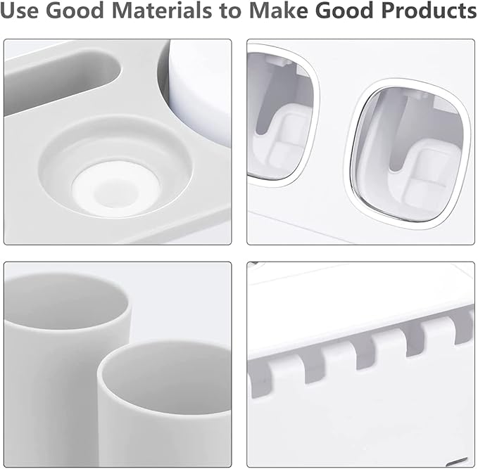 Toothbrush Holders with Toothpaste Dispenser Wall Mounted for Bathroom-4 Cups Automatic Electric Tooth Pastetooth Squeezer-Bathroom Organizer Storage Accessories Set for Kids with 5 Toothbrush Slots