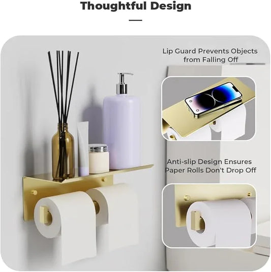 Double Toilet Paper Holder with Shelf, FreshGlow Tissue Holder Brushed Gold, Wall Mount Commercial Toilet Paper Dispenser Phone Shelf Stainless Steel, Tissue Roll for Bathroom - ModernBath